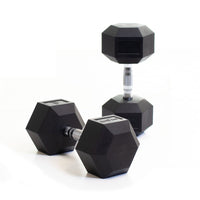 Pair of rubber hex dumbbells with hexagon weights and chrome knurled handles, ideal for home gym strength training and stable workouts.